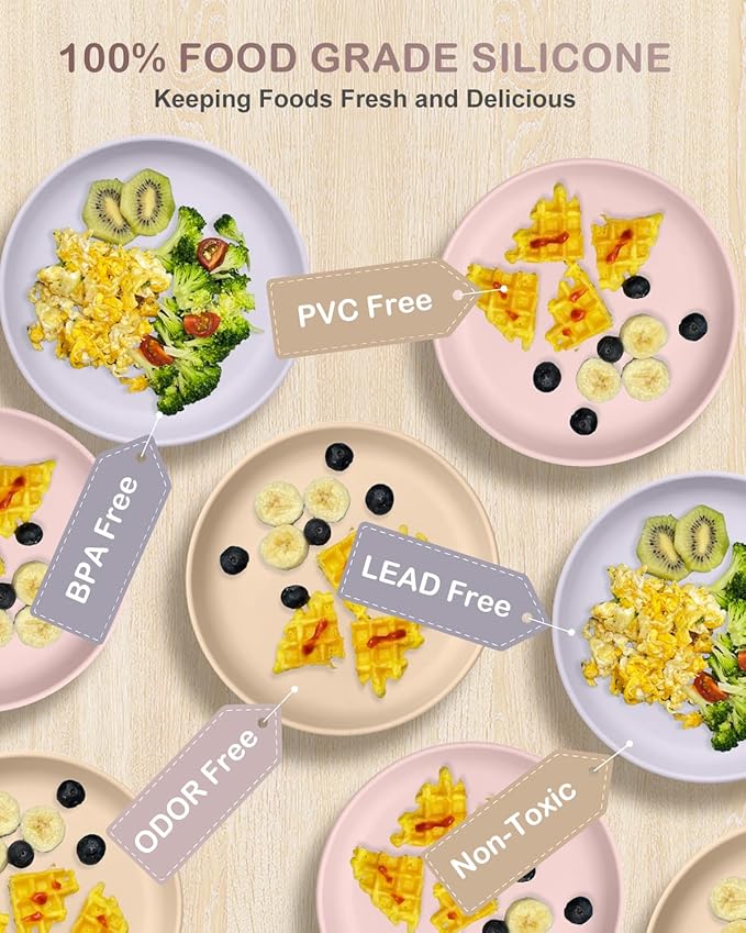 Qyeejong Toddler Plates with Suction 2 Pcs, BPA Free Silicone Suction Plates for Baby Toddler Kids, Baby Dinner Dishes Stick & Stay, Microwave & Dishwasher Safe