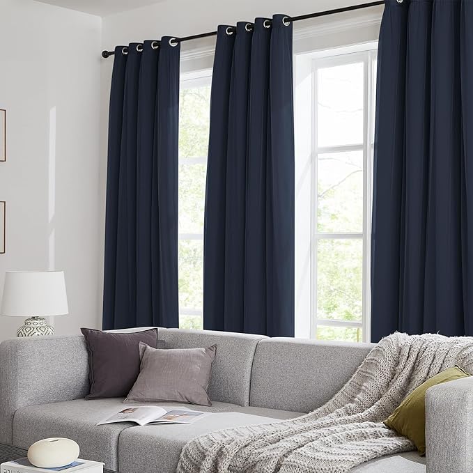 100% Blackout Curtains for Bedroom, Double Layer Navy Blue Curtains, Black Out Curtain 96 inch long With Sheer Overlay for Living Room, Room Darkening Window Drapes with Grommet, 52"W x 96"L