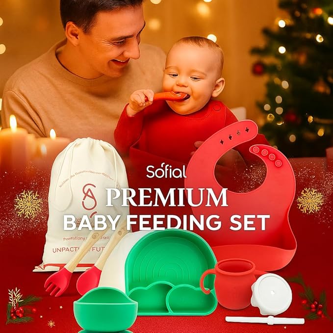 SofiAl All In One Silicone Feeding Set - Safe for 6-12 Months - Non-Toxic Baby Led Weaning Supplies - Toddler Self Feeding Utensils - BPA-Free - Mess Free Essentials