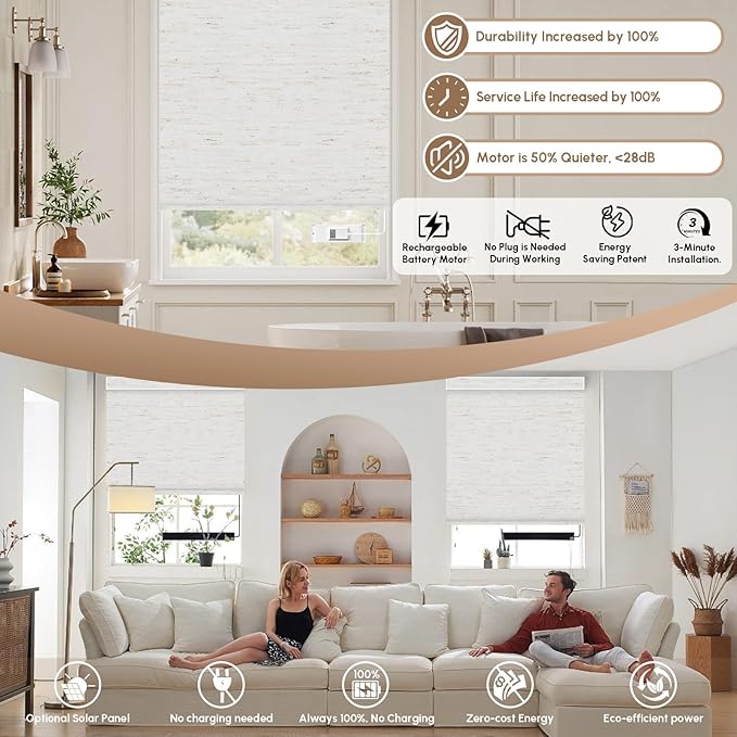 Kincmo No Drill Motorized Blinds with Remote, 100% Blackout Roller Shades for Windows, Custom Electric Blinds Compatible with Alexa, Apple Homekit, Google Home (100% Blackout Linen White)