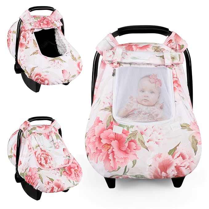 Car Seat Cover Baby, HNHUAMING Infant Car Seat Covers Canopy for Baby Girl Boy, Cozy & Windproof Newborn Carseat Covers Mink Dot Backing Stroller Cover with Breathable Mesh Window, Pink Flower