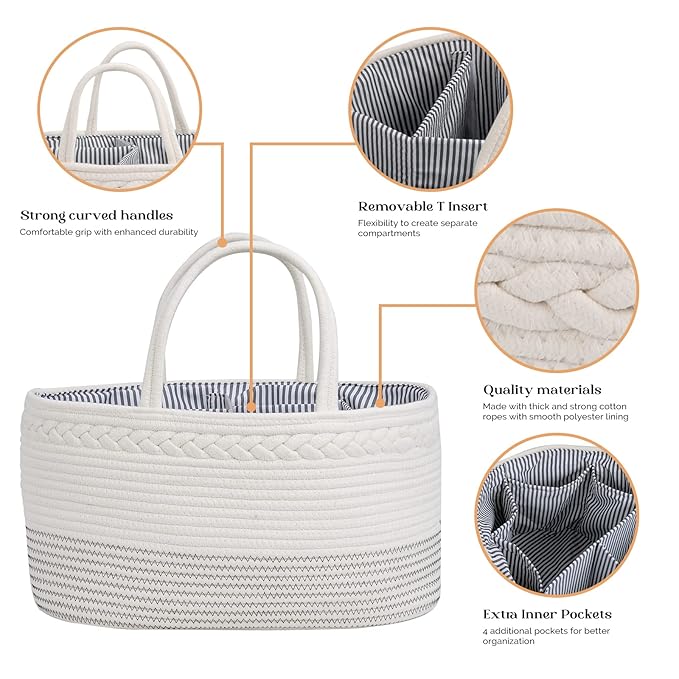 luxury little Diaper Caddy Organizer, Large Cotton Rope Nursery Baby Basket, Changing Table Organizer for Baby Diaper Storage, Portable Car Organizer Removable Divider (Off White, Extra Large)