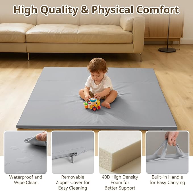 Baby Play Mat, 48 x 48 Inch Foldable PU Leather Waterproof Playpen Mat, 1.6" Extra Thick Foam Floor Mat for Infants and Toddlers, Non-slip Toddler Activity Playmat Cushion, Light Grey