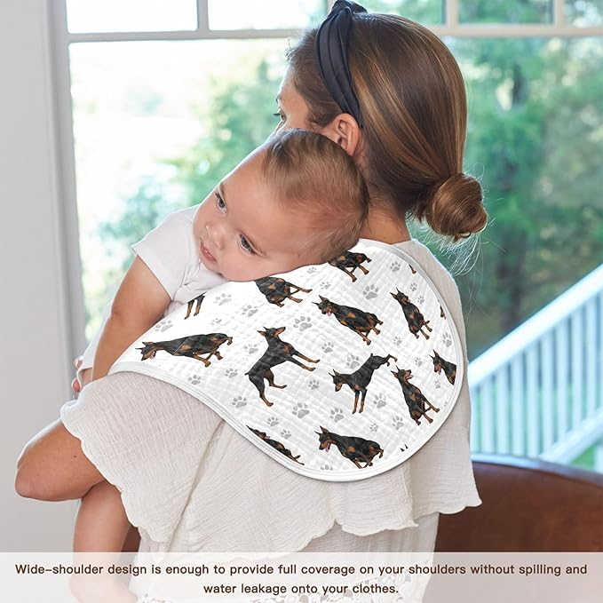 Qinllo 2 Pack Muslin Burp Cloths Doberman Dogs White Cotton Baby Burp Cloths Soft Burping Cloth Absorbent Spit Up Rags for Newborn Babies Boys Girls 22x11 Inch