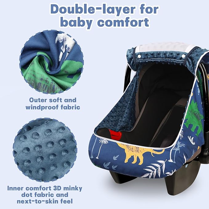 Hooyax Baby Car Seat Cover with Dual Zipper, Extra Large Mesh Window Carseat Canopy, All-Season Weather Protection for Infant Car Seats & Strollers (Dinosaur)
