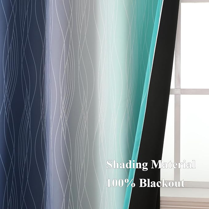 Estelar Textiler Navy Blue and Teal Gradient Blackout Curtains for Bedroom, Thermal Insulated Ombre Blackout Drapes, Full Light Blocking Energy Saving Curtains for Living Room,52Wx96L,2 Panels
