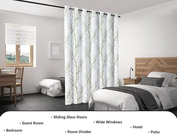 FMFUNCTEX 100% Blackout Patio Sliding Glass Door Curtains 84 Inch Long for Bedroom, Green Grey on White Tree Branch Patterned Drapes for Living Room Divider, Extra Wide Thermal Insulated Panels