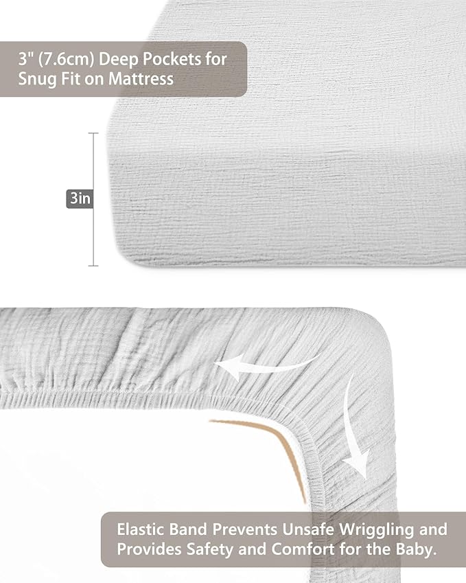 Pack and Play Sheets for Baby Boys and Girls 39"x27"x3", Neutral Muslin Cotton Pack N Play Mattresses Sheet with Boho Style, Soft and Breathable Comfort (White)