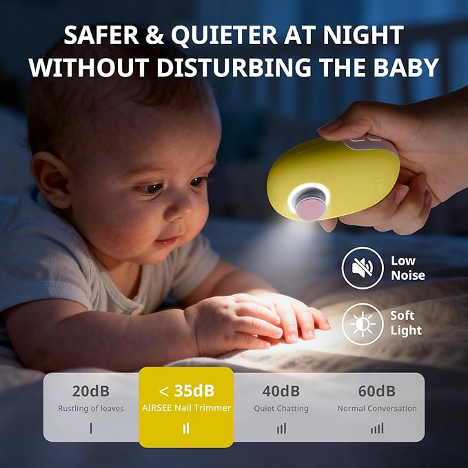 AIRSEE Premium Newborn Gift, Electric Baby Nail File, Cordless Safe Infant Nail Trimmer with 6 Replacement Pads, Magnetic Rechargeable Base, 360° LED Light, Baby Grooming Kit Gift