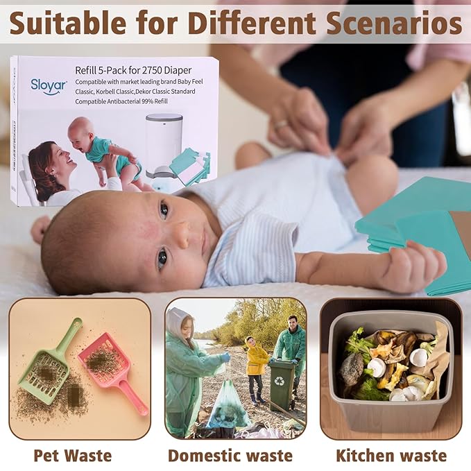 Sloyar Refills Compatible with DEKOR PLUS Diaper Pails/5 Pack/Versatile and Functional/Suitable for Seniors and Infants/Baby Powder Fragrance/Holds up to 2750 Diapers