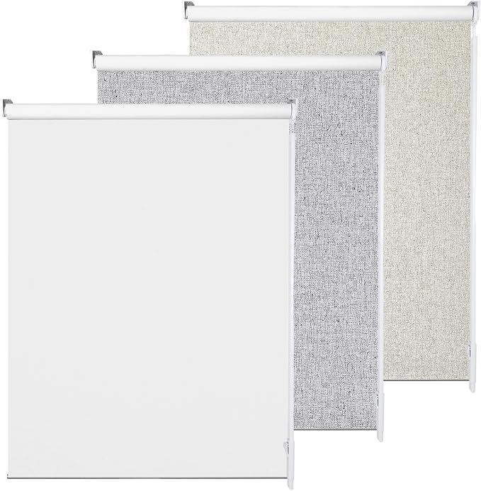 Allbright Linen Roller Shades with Wand Rod, Cordless Fabric Roller Blinds with Thermal Insulated, 100% Blackout Window Shades for Home, Office, Bedroom, White, 29" W x 72" H