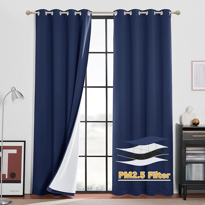 RYB HOME Soundproof & Dust Particle Filtering Curtains Blackout Window Treatment for Bedroom Living Room Divider Nursery Daytime Sleeping Patio Door, Navy Blue, W52 x L 102 inch, 2 Panels