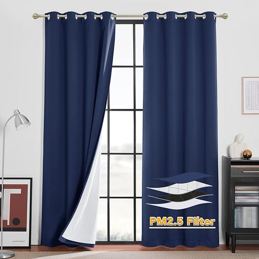 RYB HOME Soundproof & Dust Particle Filtering Curtains Blackout Window Treatment for Bedroom Living Room Divider Nursery Daytime Sleeping Patio Door, Navy Blue, W52 x L 102 inch, 2 Panels