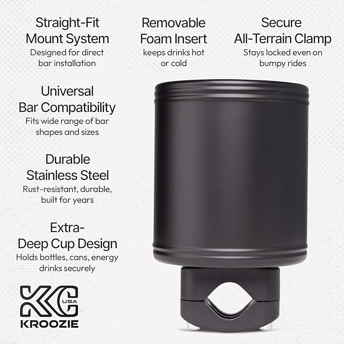 Kroozie 2.0 Bicycle Cup Holder - The Ultimate Bike Cup Holder for Beach Cruisers, E-Bikes, Scooters, Strollers – A premium stainless steel handlebar drink holder that lasts