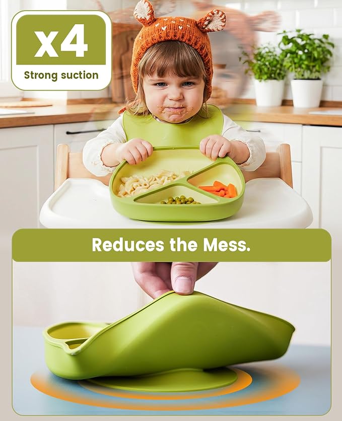 EMOJOY Silicone Baby Feeding Set, Toddler Plates Set 8 PCS – Suction Plate, Spoons, Forks, Bibs and Sippy Cups, Baby Led Weaning Essential, BPA-Free Baby Dishes & Utensils, Dishwasher Safe