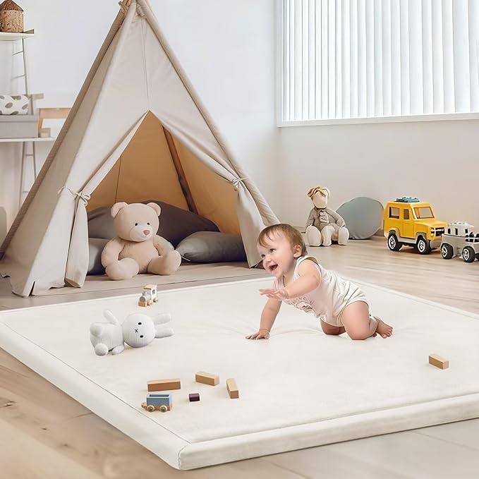 Baby Play Mat for Floor Tummy Time Mat Nursery Rug Muscle Mat Area Rug Playroom Rug Tatami Mat 50 * 50" Memory Foam 1.3" Thick Crawling Mat for Babies,Toddlers, Infants, (Cream)