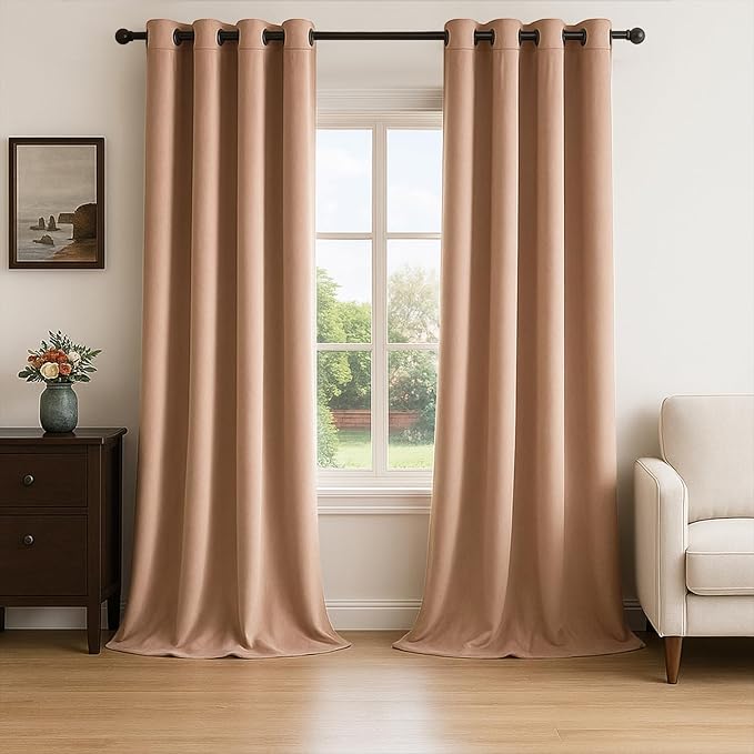 Topfinel 102 Inches Long Custom Blackout Velvet Curtains,Beige Blush Soundproofing Pleated Noise Cancelling Grommet Curtains for Traverse Rods,Viral Drapes 2 Panels for Living Room