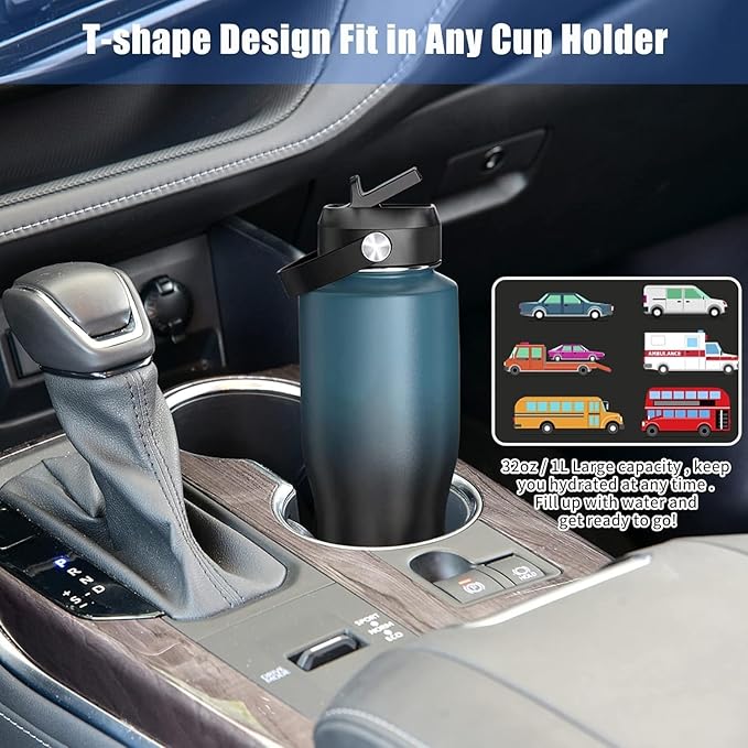 HYDROWION 40 oz Insulated Water Bottle with Straw fit in Car Cup Holder(Cold 48 hrs, Hot 24 hrs) Drinking Bottle with Straw Lid, Spout Lid and Flex Cap Leakproof Travel Thermo Mug，Wood
