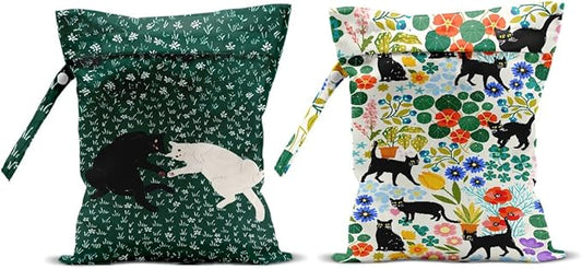 Hanamiya Na 2Pcs Cat Floral Print Wet Bags, Cat Lover Gifts Wet Dry Bag Reusable Zipper Pouch for Swimsuit, Diapers, Beach, Dirty Yoga Gym Clothes, Toiletries, Waterproof Birthday Christmas Gifts