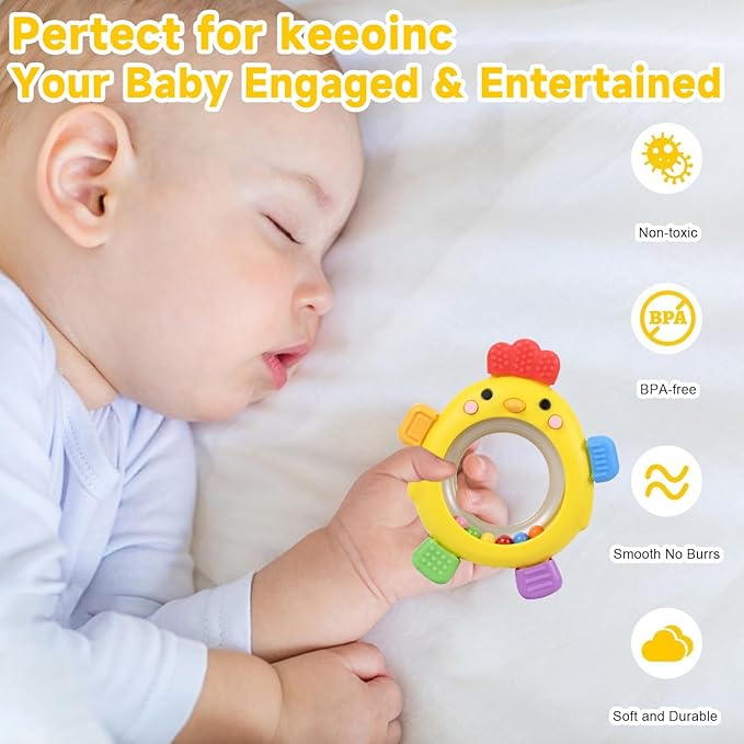 Sensory Toys for Babies, 2 Pack Baby Teething Rings Toys for 0-3 3 6-12 Months Baby Rattle Teether Silicone Teether Relief Chew Soothing,BPA Free,Sore Gums Babys Teethers Toys