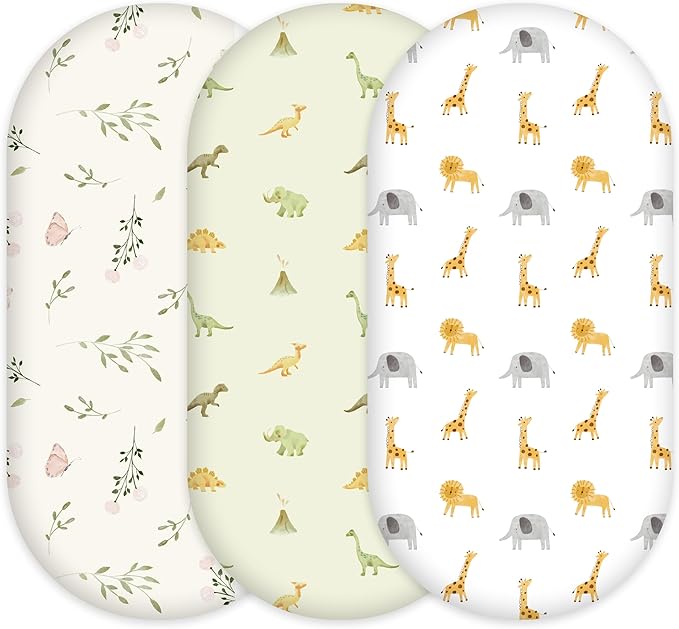 Baby Bassinet Sheets - 3 Pack Breathable Cradle Bassinet Mattress Sheets for Newborns Universal Fit for Hourglass, Oval, Rectangle Mattresses (32" x 16") Dinosaur Elephant