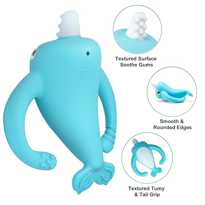 Best Teething Toys for 4Months,Smily Mia Narwhal Baby Teether for 3-6 6-12M, Teething Relief Toys, Food Grade Silicone Teether Baby Toys, Sensory Toys for Teething Babies, Baby Essential, Blue
