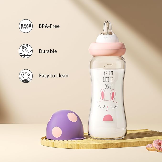 YOHKOH Natural Glass Baby Bottle with Level 2 Medium Flow Nipple, Newborn Anti-Colic Baby Bottles, Wide Neck Mushroom Baby Glass Bottle ((8.8oz (Pack of 4), Purple-A)