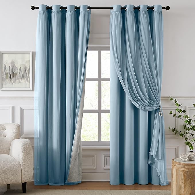 100% Blackout Curtains for Bedroom, Double Layer Blue Curtains, Black Out Curtain 96 inch Long with Sheer Overlay for Living Room, Room Darkening Window Drapes with Grommet, 52" W x 96" L