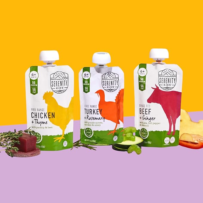 Serenity Kids 6+ Months Baby Food Pouch - Chicken & Thyme - 5g Protein Baby Meat Pouch - Organic Parsnip & Beet Puree - Savory Toddler Snacks - 3.5 Oz, 6 Pack