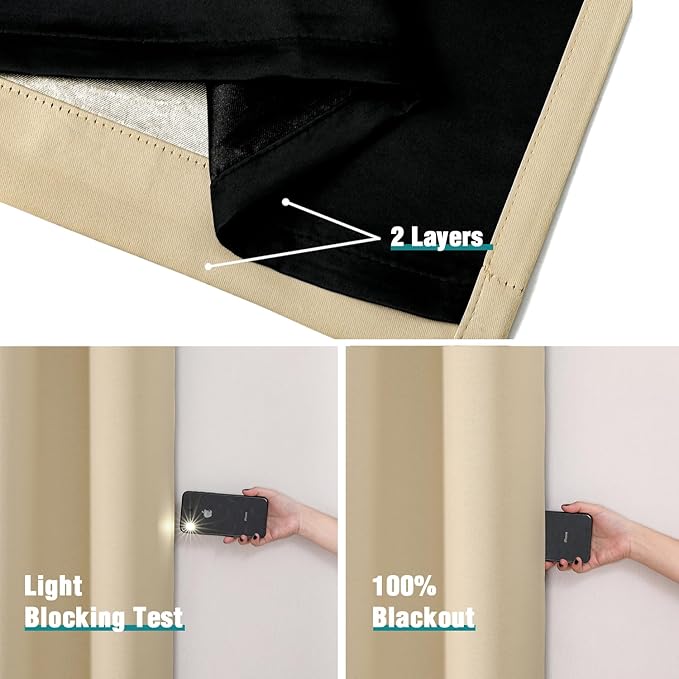ChrisDowa 100% Blackout Curtains 63 inch Long for Bedroom with Black Liner, Extra Wide 2 Thick Layers Total Blackout Thermal Insulated Grommet Window Curtains 2 Panels Set (Beige, 60 x 63 Inch)