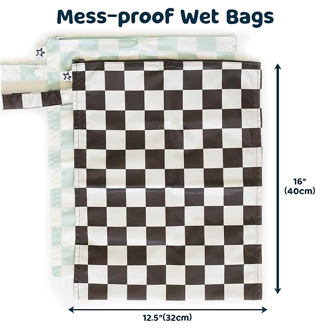 Tiny Twinkle Mess Proof Wet Bags | 2-Pack Reusable Waterproof Wet Bags for Swimsuits | Baby Clothes | Travel & Diaper Bag (Black, Green Checkers)