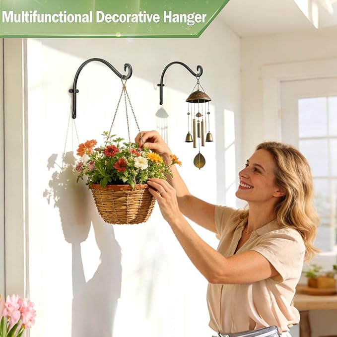 Hanging Plant Brackets Outdoor: 50 lbs Heavy Duty Metal Wall Hooks, 12 Inch Rustproof Hanging Plant Hangers for Bird Feeders, Lanterns, Balcony Fence, 2 Pack