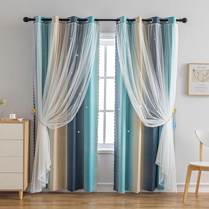 Star Girl and Kids Curtains for Bedroom Rainbow Ombre Double Layer Cute Shot Nursery Darkening Grommet Princess Room Décor 2 Panels Living Room Window Curtain (Blue Yellow52W x 72L