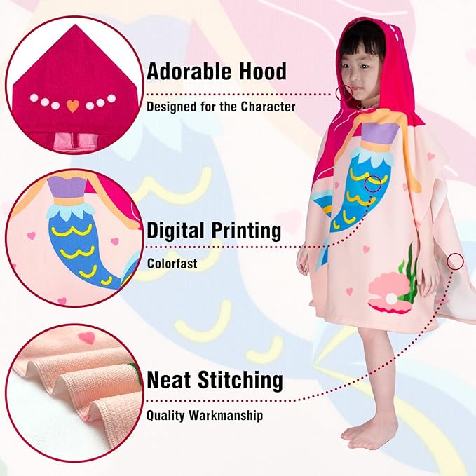 Hooded Kids Beach Towels - Toddler Bath Towel Girls Boys Swim Cover-ups for Ages 1 to 6 Kids Pool Towels Quick Dry Lightweight Soft Microfiber Poncho Towel 24x23(Mermaid Pink)
