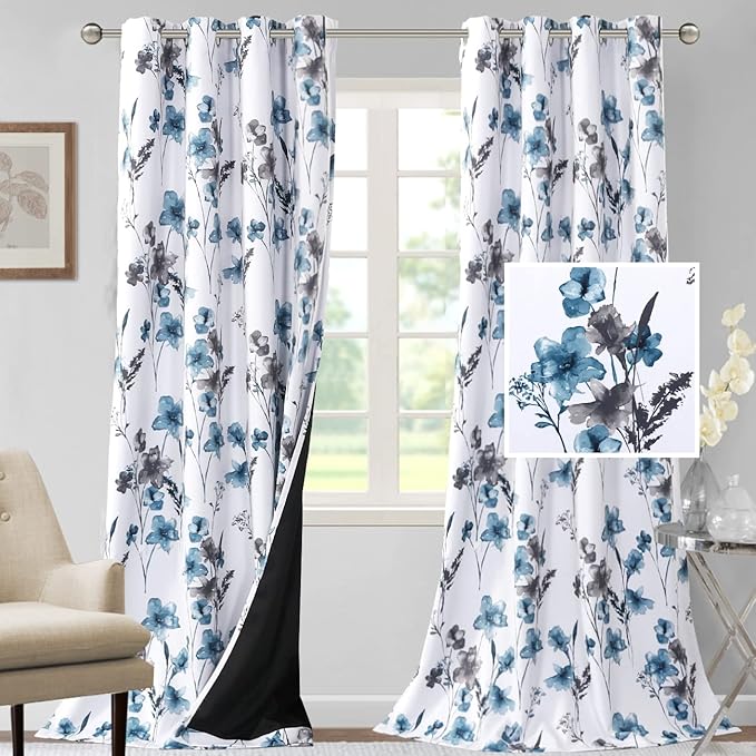 H.VERSAILTEX 100% Blackout Curtains 108 inch Length 2 Panels Set Cattleya Floral Printed Drapes Leah Floral Thermal Curtains for Bedroom with Black Liner Sound Proof Curtains, Grey and Blue