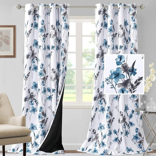 H.VERSAILTEX 100% Blackout Curtains 108 inch Length 2 Panels Set Cattleya Floral Printed Drapes Leah Floral Thermal Curtains for Bedroom with Black Liner Sound Proof Curtains, Grey and Blue
