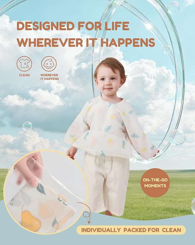 SauGonb Disposable Baby Bibs for Baby Boys and Girls - Long Sleeve Bib Individually Wrapped Waterproof Baby Bibs 16/36 pcs