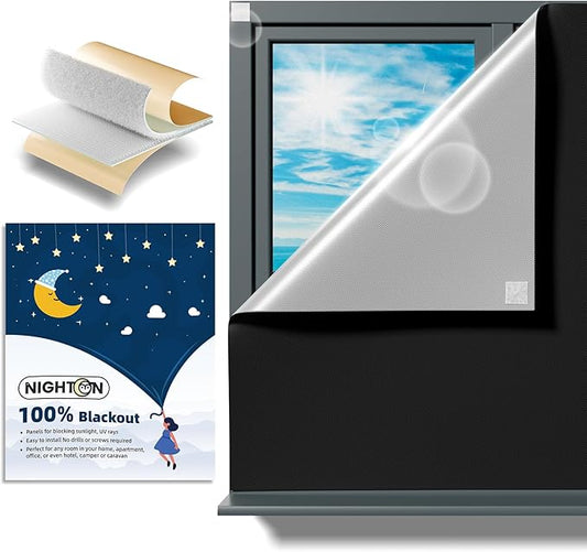 NIGHTON Portable Blackout Curtains 150"×59", Strong Hook and Loop Tape Strips with Adhesive, Cuttable Blackout Window Cover, 100% Black Out Material Blinds for Baby Nursery or Travel - Black
