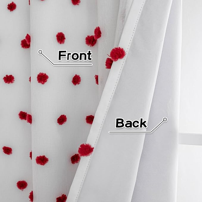 MYSKY HOME Blackout Curtains for Girls Bedroom with Red Pom Pom Sheer 90 Inch Long Total Light Blocking Curtains for Living Room 2 Panels 100% Room Darkening Grommet Double Layer Drapes 52" x 90"