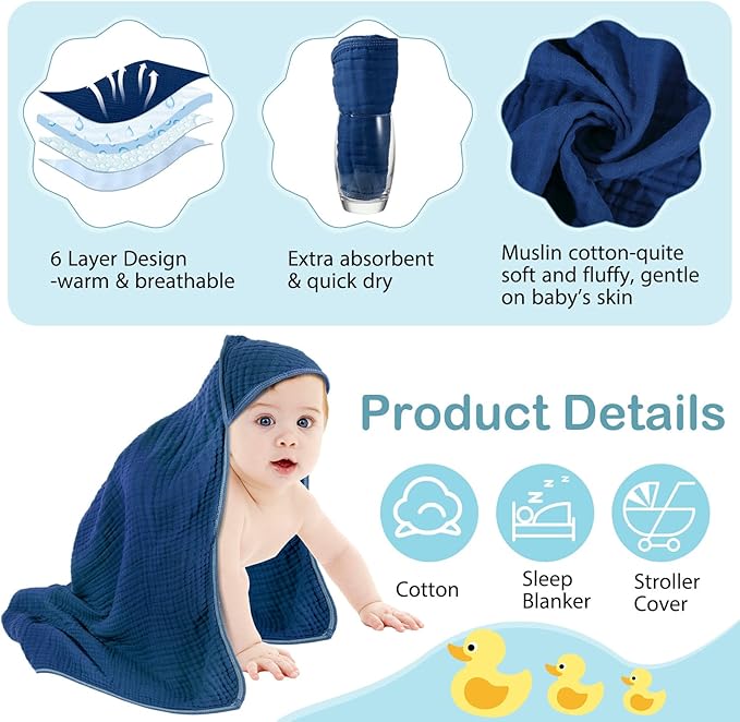 Peryiter 4 Pcs Muslin Hooded Baby Towels 32x32inch Cotton Newborn Bath Essentials Muslin Infant Blankets Absorbent Registry Baby Shower Present for Babies Girl Boy Kids (Blue Series)