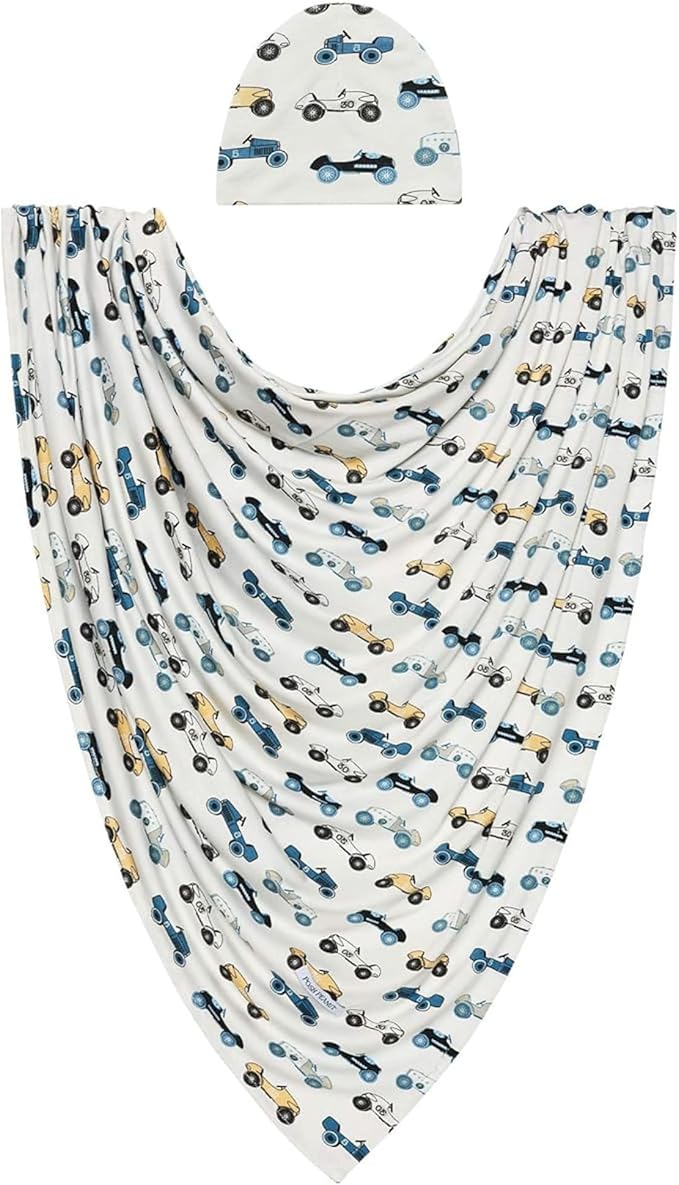 Posh Peanut Unisex Baby Swaddle Blanket - Large Premium Knit Viscose from Bamboo - Infant Swaddle Wrap, Receiving Blanket and Beanie Set, Baby Shower Newborn Gift, Registry - Enzo