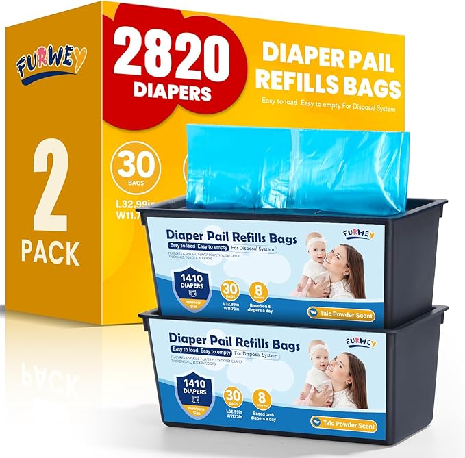 Diaper Pail Refill Bags 30 Bags Per Refill，Compatible with Genie Easy Roll Signature Diaper Pails Holds Up to 2820 Newborn Diapers 7 Layer Odor Barrier Technology 2PACK (60 Bags)