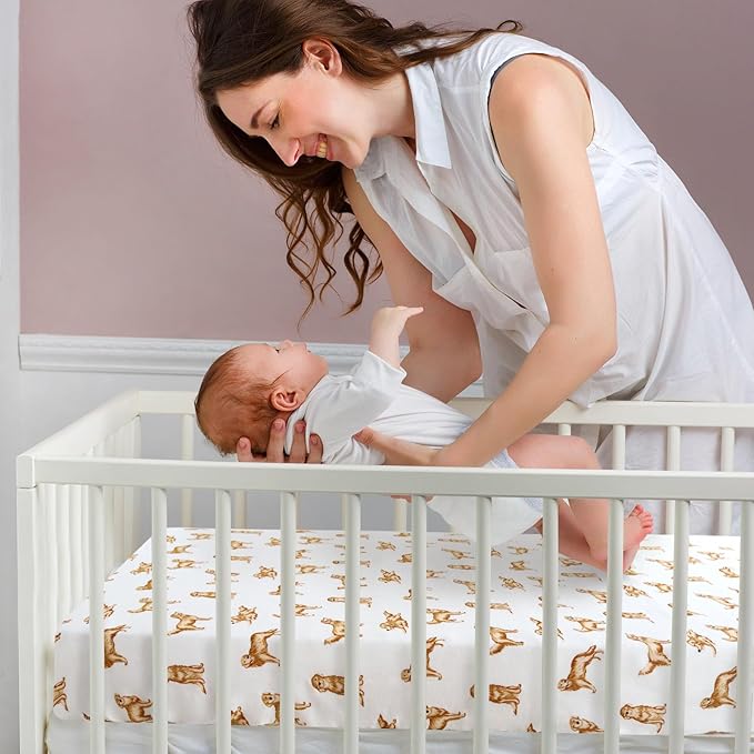 LifeTree Crib Sheets for Baby Unisex - Muslin Fitted Crib Sheets Toddler Bed Sheet, 70% Viscose from Bamboo and 30% Cotton, Fits Standard Crib, Golden Retriever, 28in x 52in