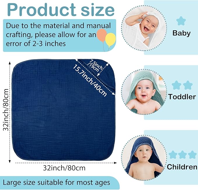 Peryiter 4 Pcs Muslin Hooded Baby Towels 32x32inch Cotton Newborn Bath Essentials Muslin Infant Blankets Absorbent Registry Baby Shower Present for Babies Girl Boy Kids (Blue Series)