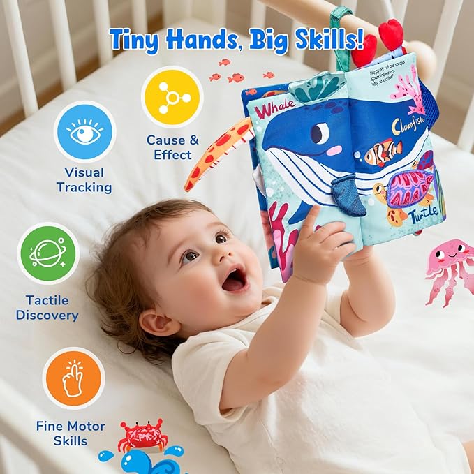 JoyCat Baby Books 0-6-12 Months - Ocean Tummy Time Toys Mirror - Montessori Sensory Activity Cloth Book with 3D Crab & Fish - Newborn Valentine Easter Basket Stuffers