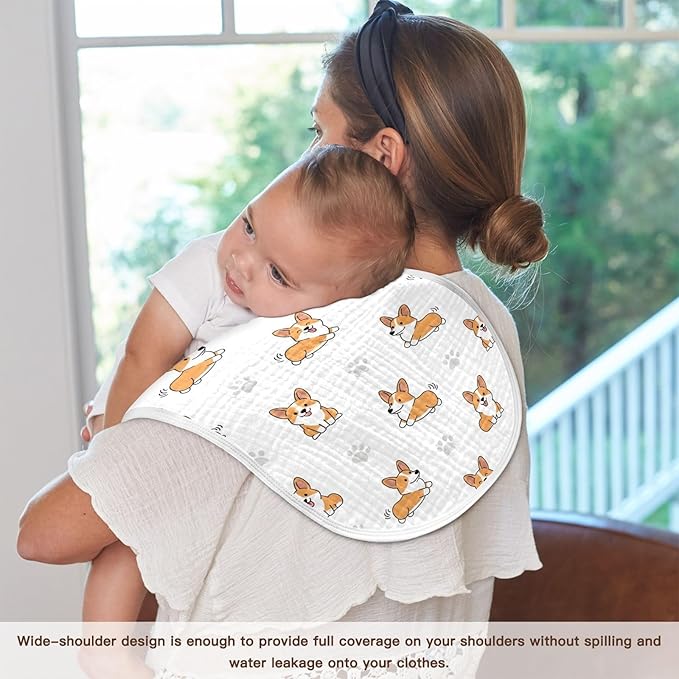 1 Pack Muslin Burp Cloths Cute Corgi Dogs White Cotton Baby Burp Cloths Ultra Absorbent Soft Burping Cloth Washcloths for Newborn Babies 22x11 Inch
