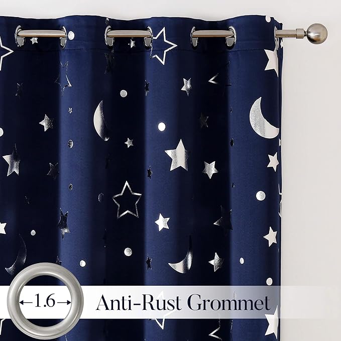 WUBODTI Boys Curtains Navy Blue Blackout Star Curtains Cute Space Themed Thermal Insulated Room Darkening Blackout Short Drapes for Kids Room Nursery Boys Bedroom(W52 x L45, 2 Panels)