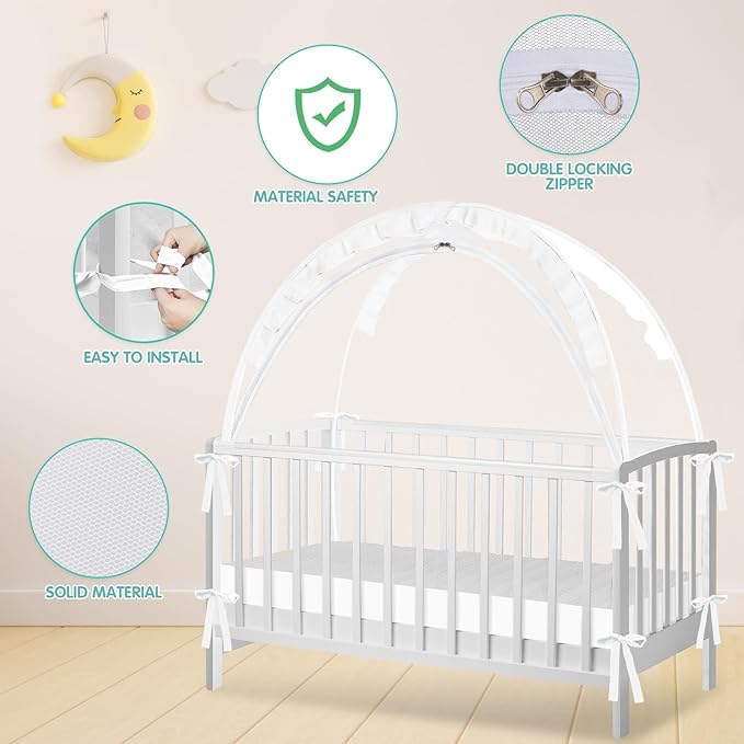 Crib Tent - Crib Net to Keep Baby in, Stop Baby from Climbing Out of Crib, Pop Up Crib Tent with Durable Breathable Net Double Zipper Strong Rods Installation Convenience