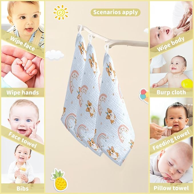 vvfelixl Corgi Hearts Rainbows Baby Burp Cloths Baby Muslin Washcloths for Boys Girls Cotton Baby Face Towel for Newborn Infants Soft and Absorbent 11.8 X 11.8 in, 5 Pack