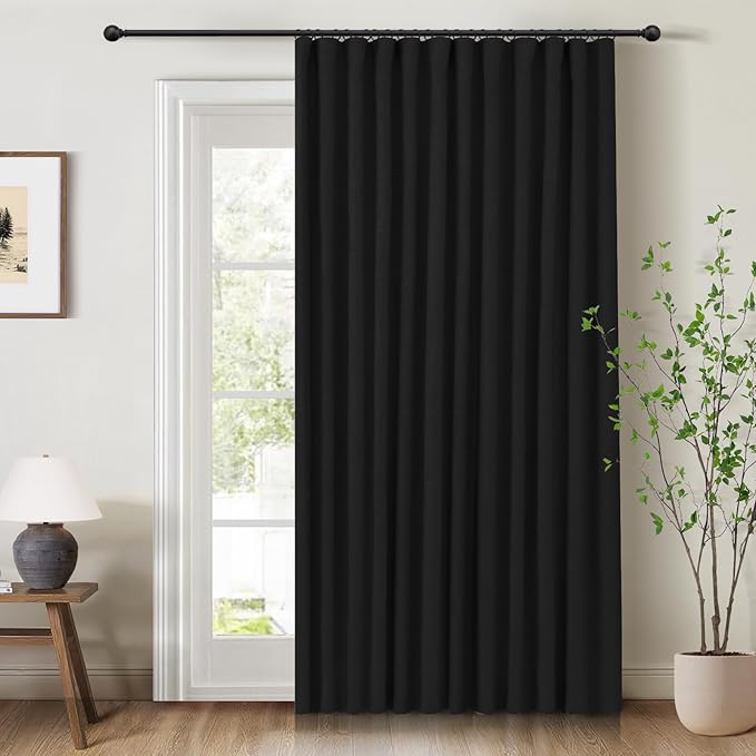 INOVADAY 100% Blackout Curtains for Bedroom, Black Out Curtains 96 Inch Long, Clip Rings Linen Blackout Drapes, Thermal Insulated Room Darkening for Living Room, 1 Panel - Black,W102xL96